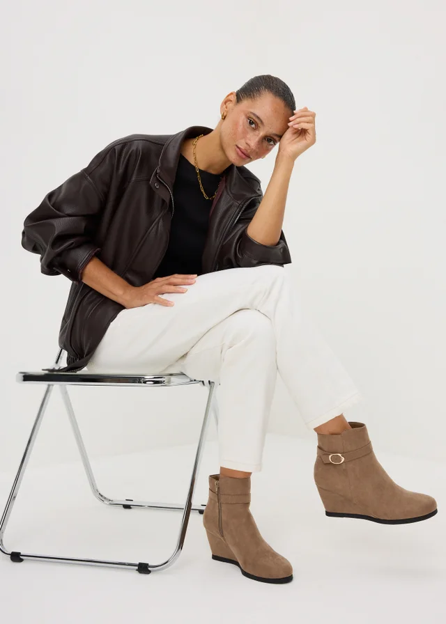 Taupe Faux Suede Wedge Ankle Boots