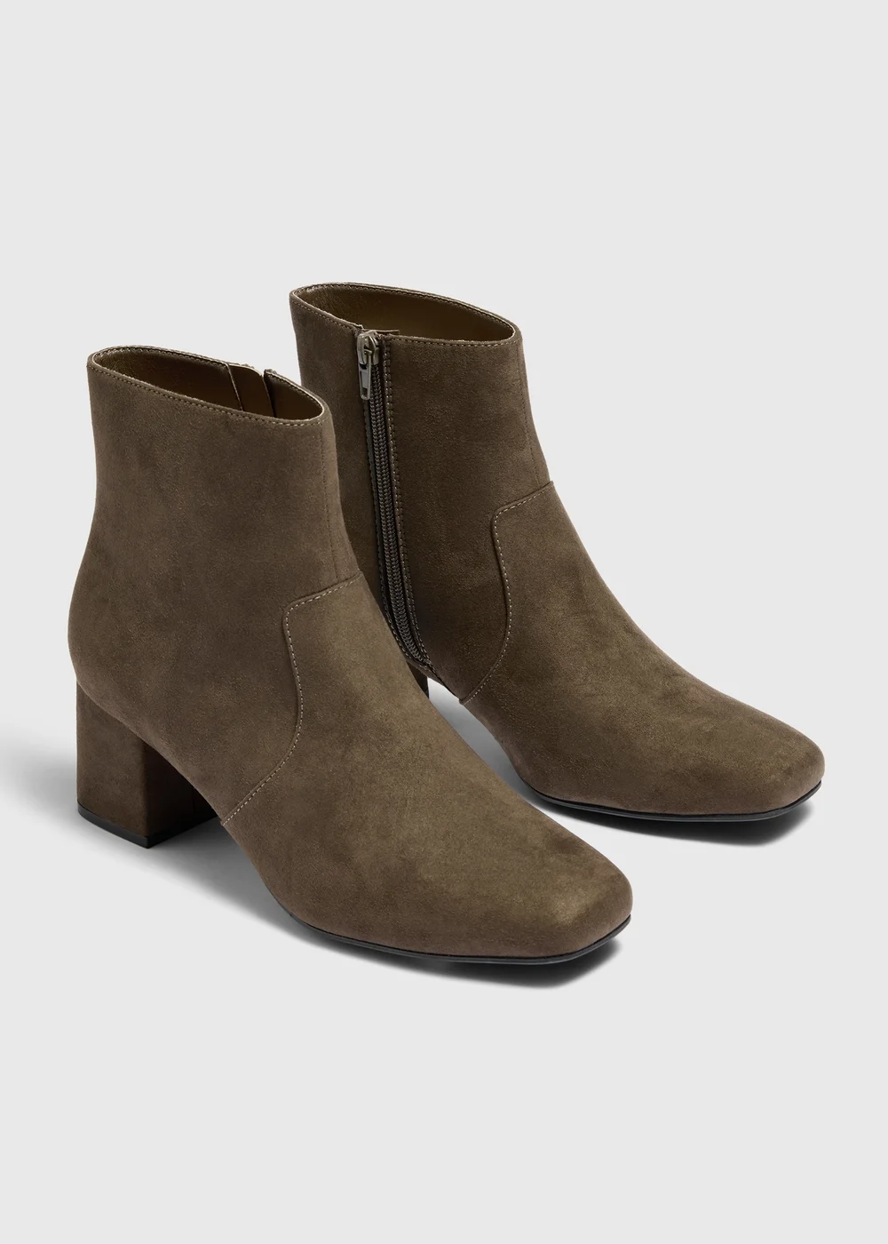 Khaki Faux Suede Low Block Heel Ankle Boots - 3 Image 1