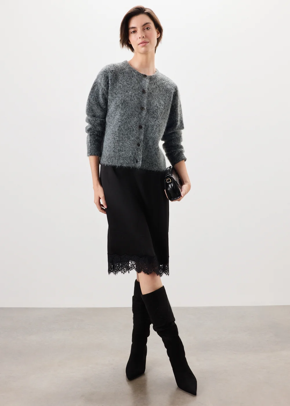 Charcoal Grey Alpaca Blend Fluffy Button Through Cardigan - 8 Image 4