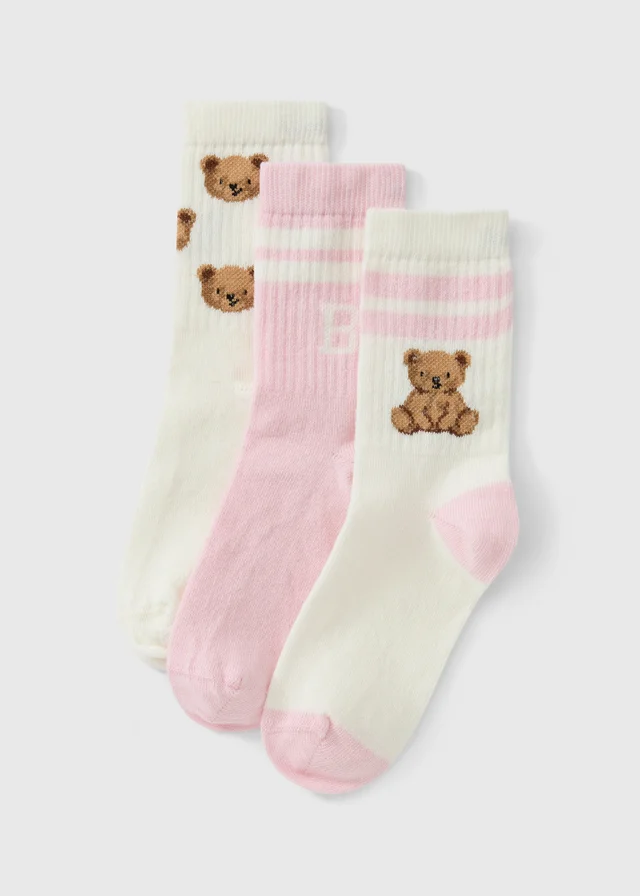 Kids' Pink & Cream Teddy Bear Socks – 3 Pack