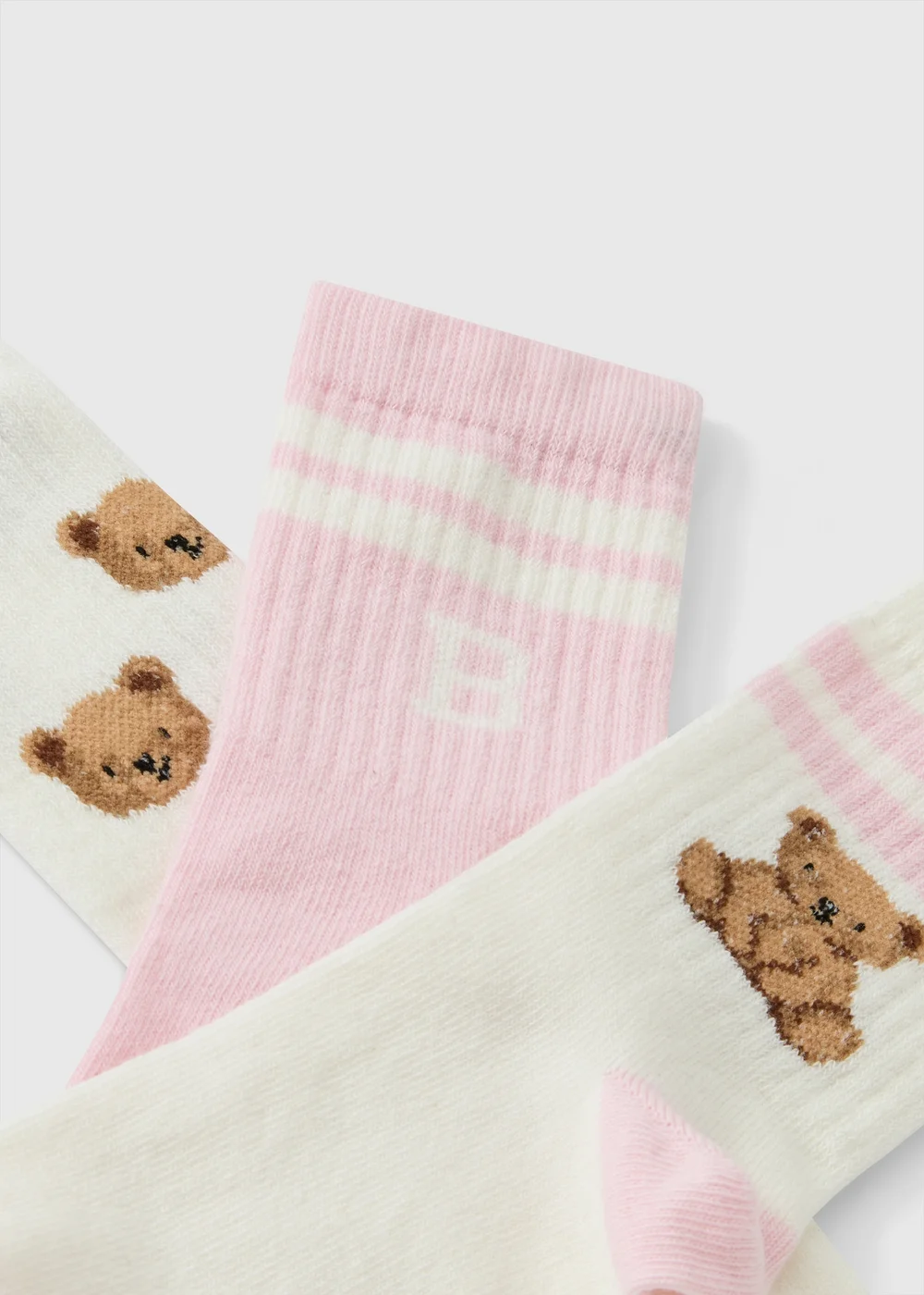 Kids' Pink & Cream Teddy Bear Socks – 3 Pack - 6-8.5 Image 2