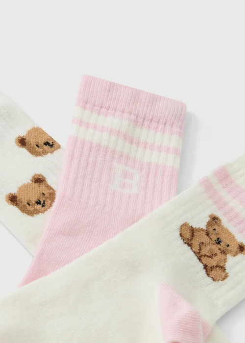 Kids' Pink & Cream Teddy Bear Socks – 3 Pack - 6-8.5 Image 2