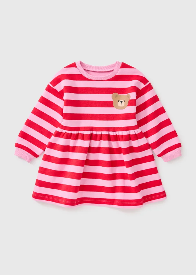 Girls Red & Pink Stripe Bear Print Sweatshirt Dress (1-8yrs)