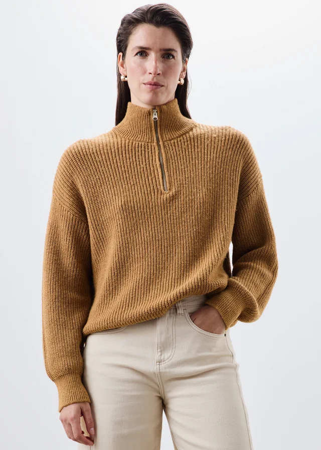 Camel Quarter Zip Knitted Jumper