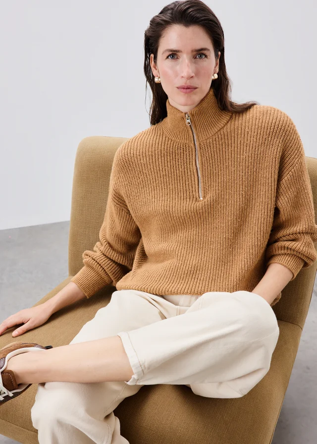 Camel Quarter Zip Knitted Jumper