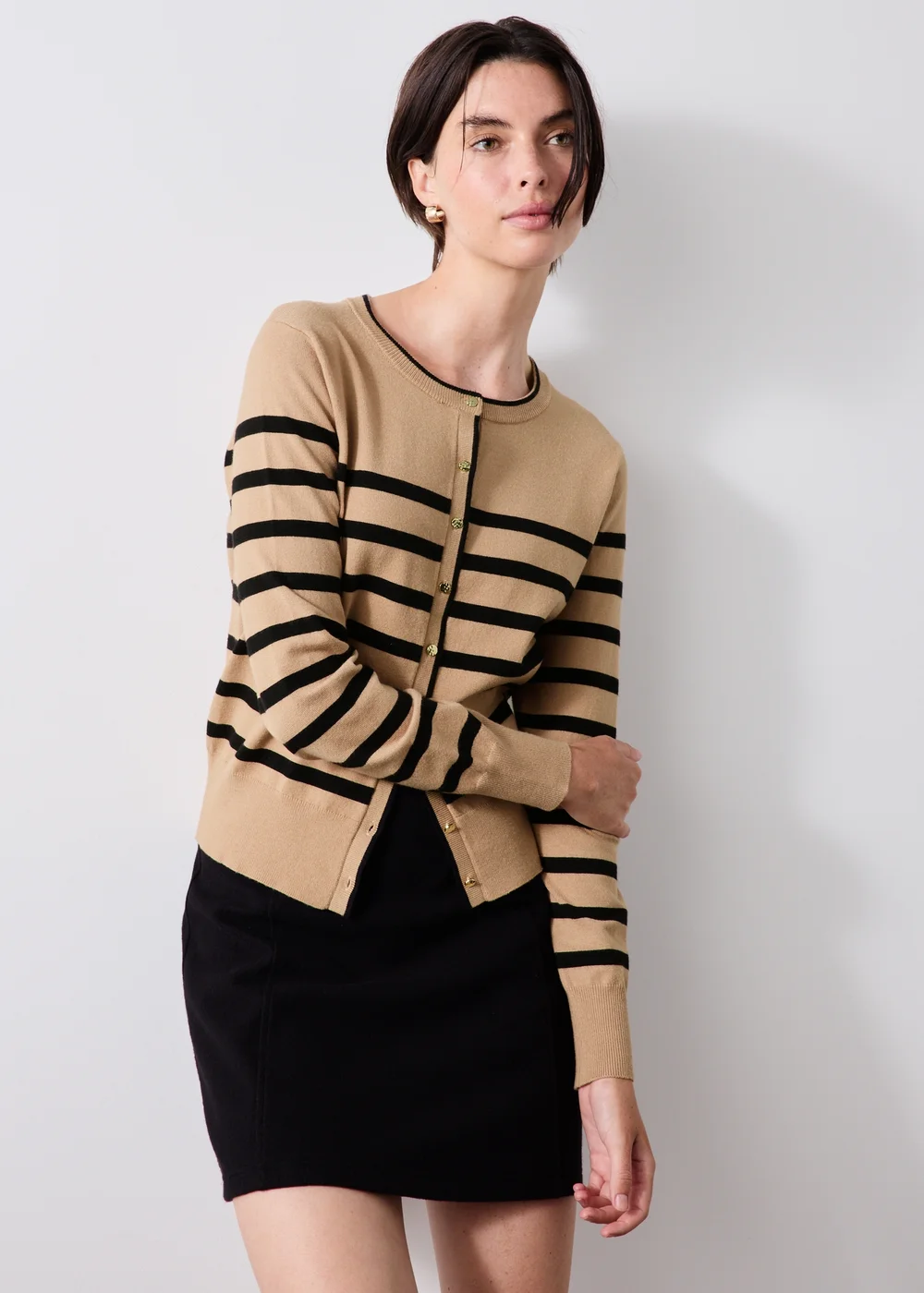 Tan Striped Crew Neck Cardigan - 8 Image 1