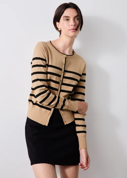 Tan Striped Crew Neck Cardigan - 8 Image 1