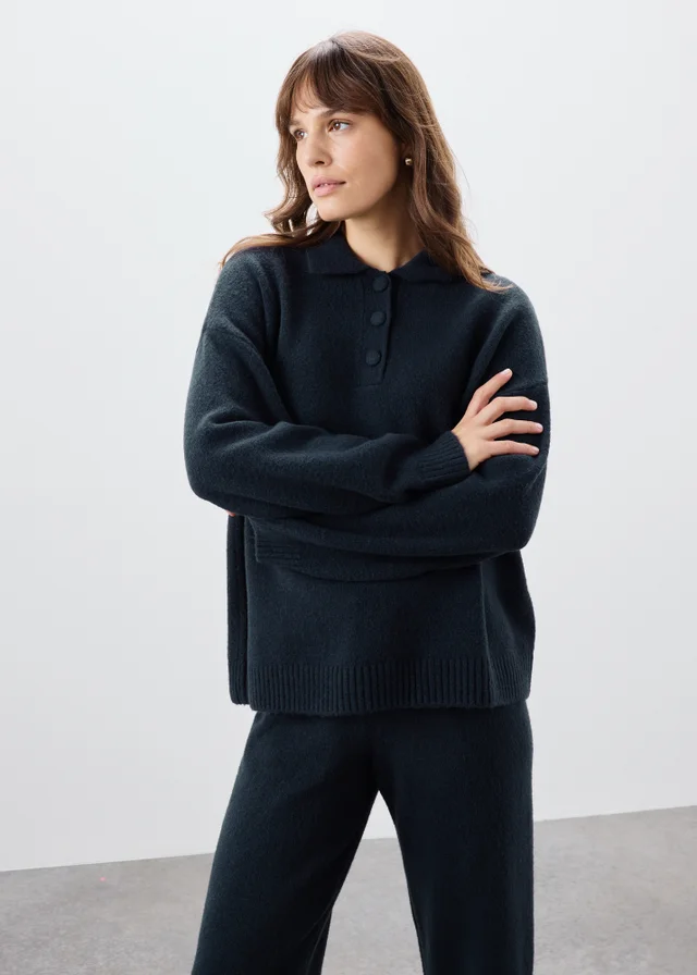 Navy Open Collar Relaxed Jumper