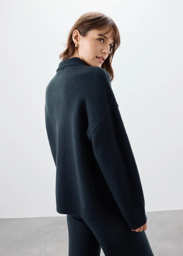 Navy Open Collar Relaxed Jumper