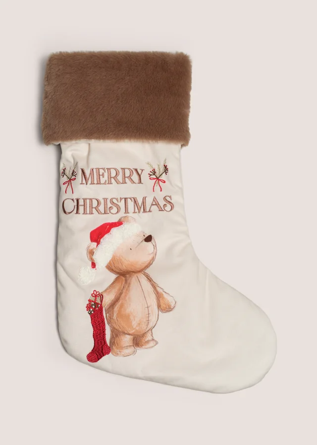 Cream Teddy Bear Christmas Stocking