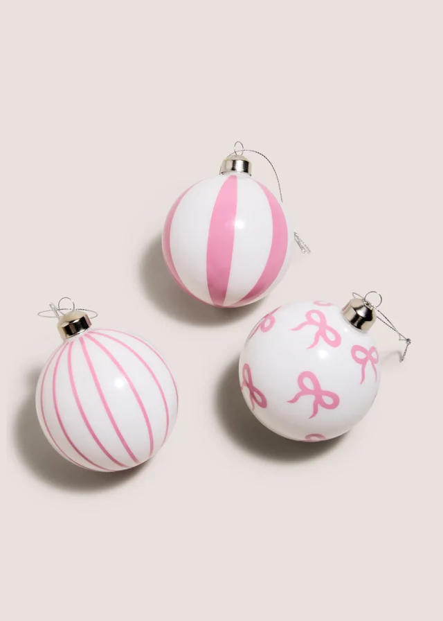 3 Pack White & Pink Bow Baubles