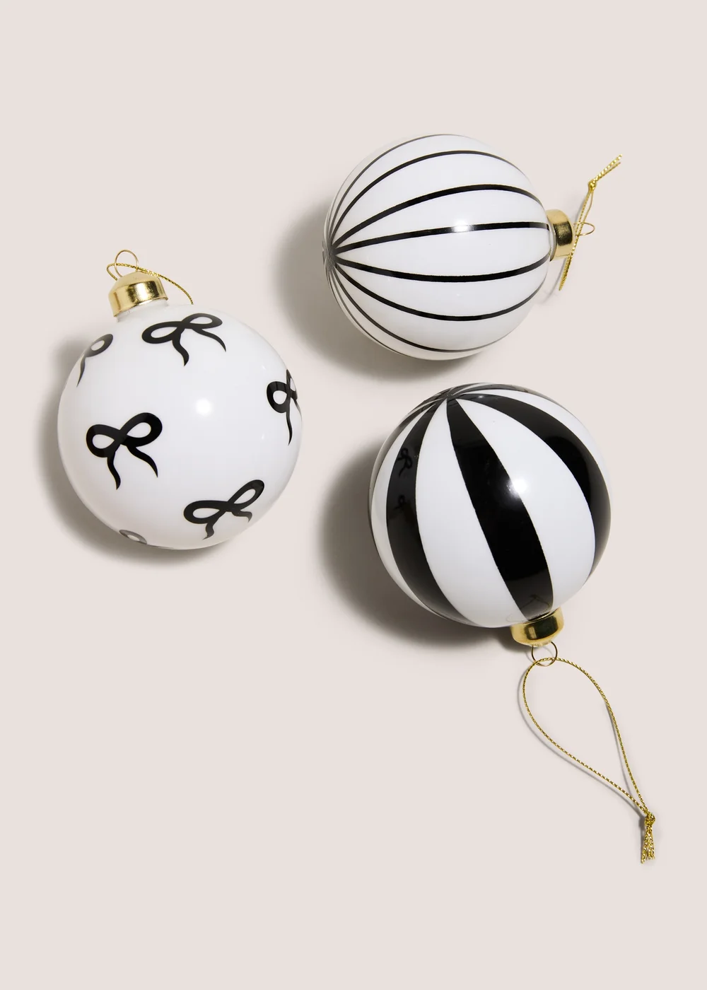 3 Pack Monochrome Glass Bow Stripe Baubles Image 2