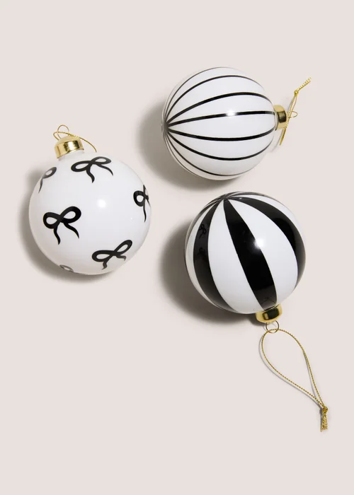 3 Pack Monochrome Glass Bow Stripe Baubles Image 2