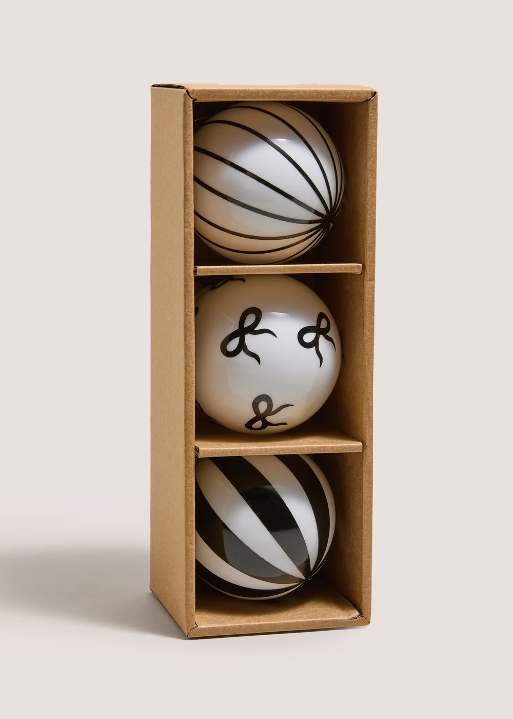 3 Pack Monochrome Glass Bow Stripe Baubles Image 1