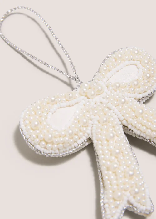 White Beaded Bow Christmas Hanging Decoration Image 2