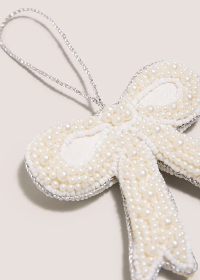 White Beaded Bow Christmas Hanging Decoration