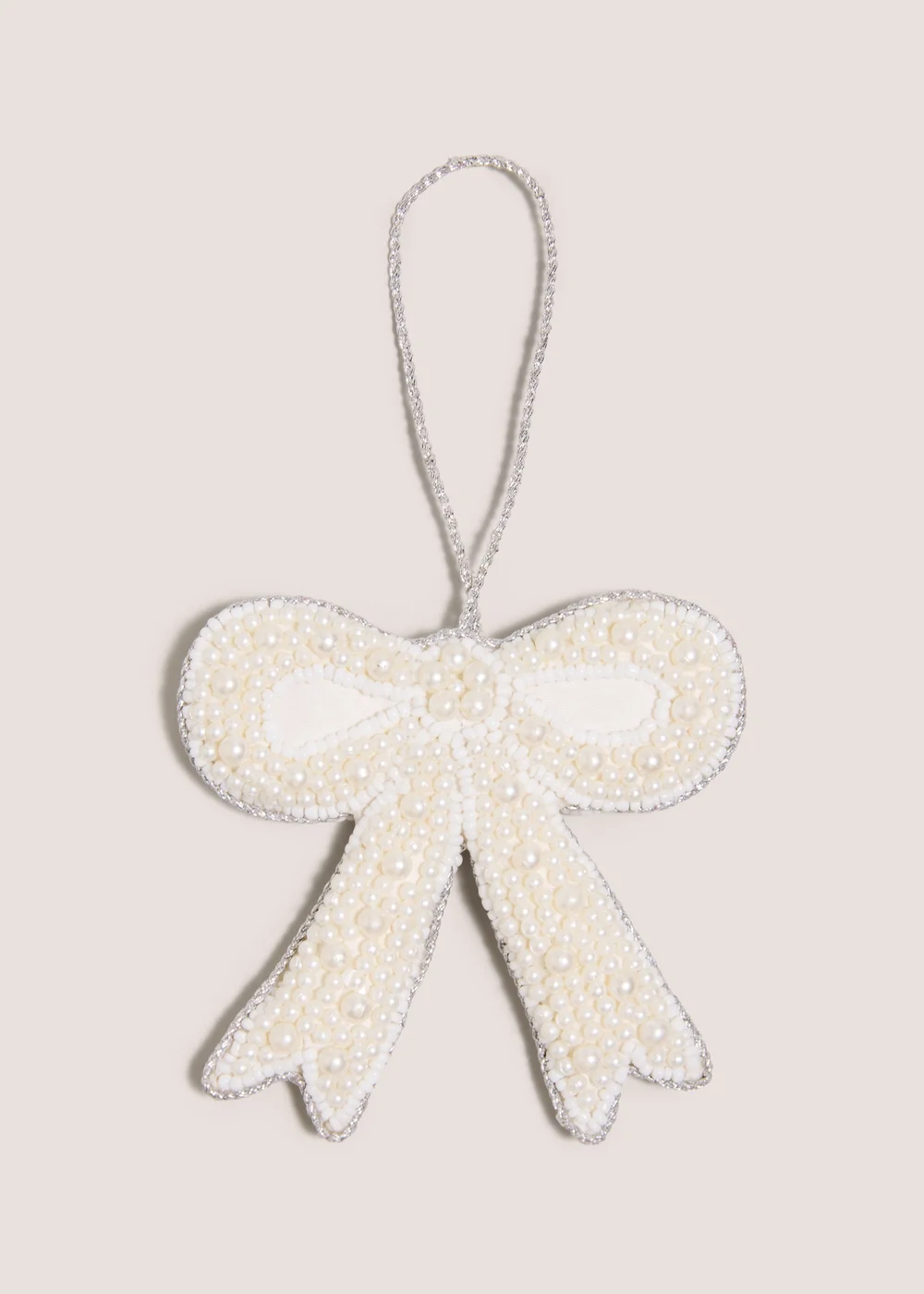 White Beaded Bow Christmas Hanging Decoration Image 1