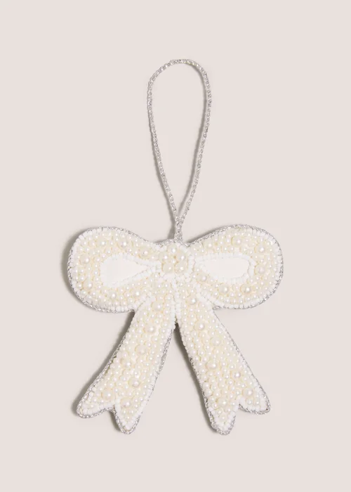 White Beaded Bow Christmas Hanging Decoration Image 1
