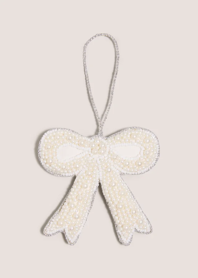 White Beaded Bow Christmas Hanging Decoration