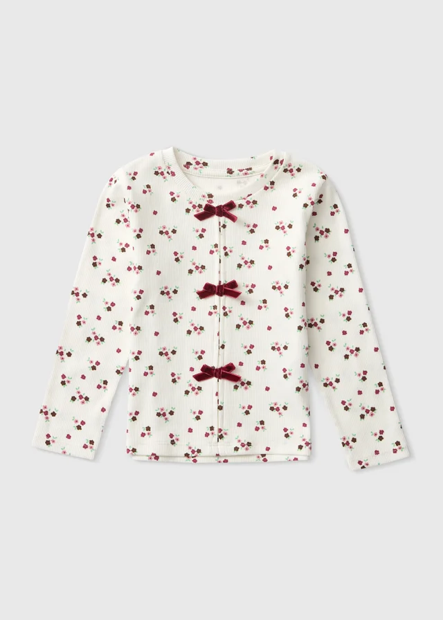 Girls Cream Ditsy Floral Ribbed Top (1-8yrs)