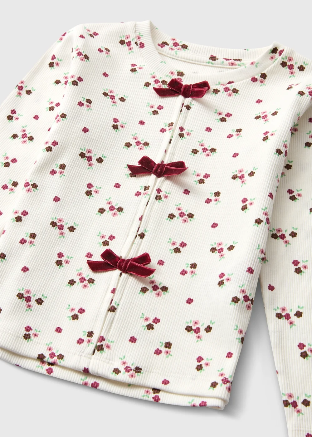Girls Cream Ditsy Floral Ribbed Top (1-8yrs) - 1-1.5 Yrs Image 2