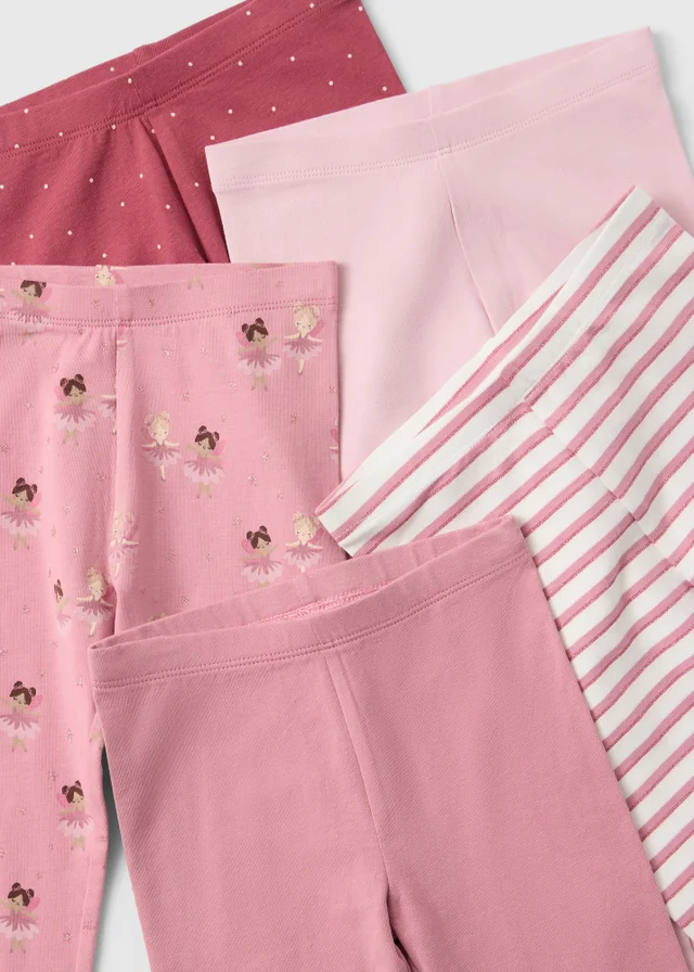 5 Pack Girls Pink Patterned Leggings (1-8yrs)