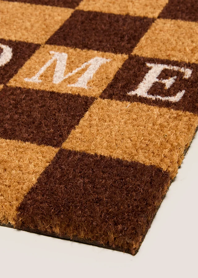 Brown Checkerboard Welcome Coir Doormat