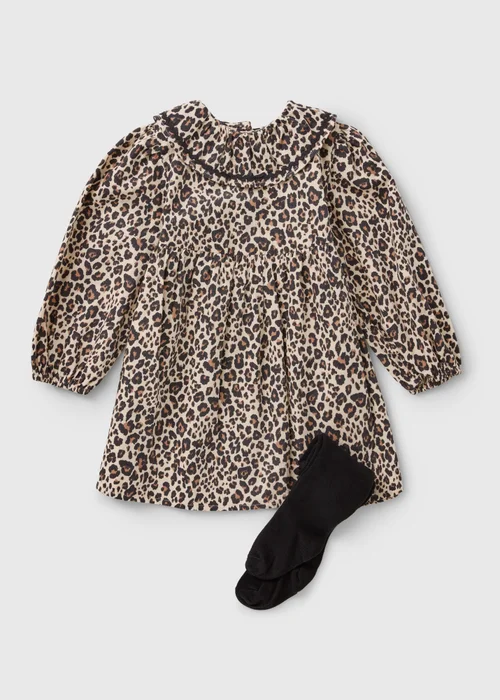Girls Brown Leopard Dress & Tights (1-8yrs) - 1-1.5 Yrs Image 1
