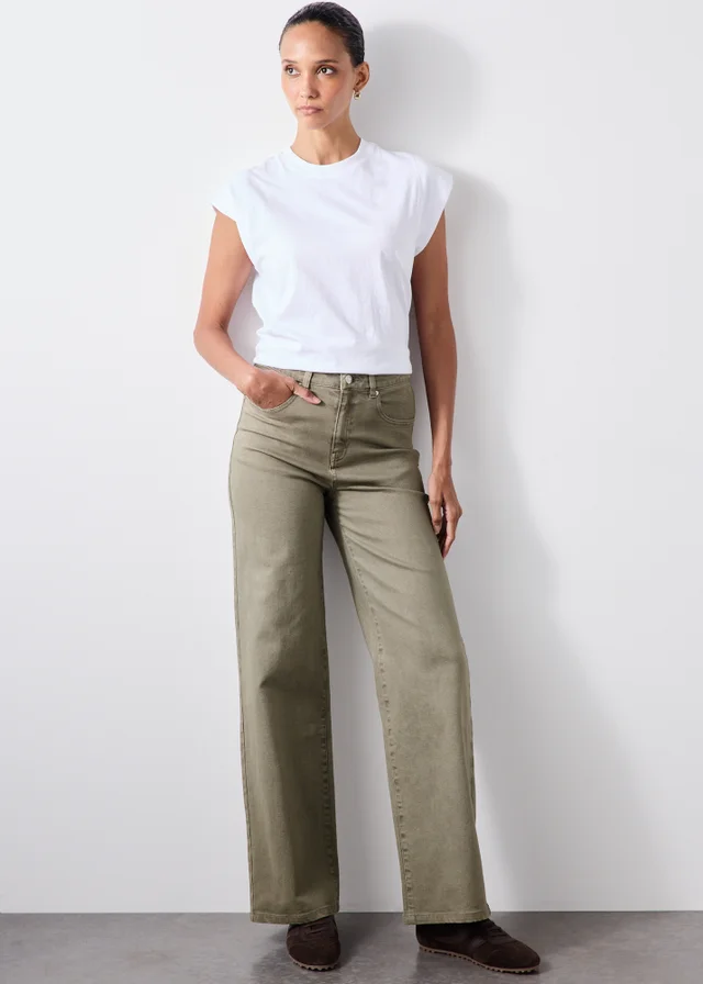 Khaki Stretch Mid Rise Wide Leg Jeans