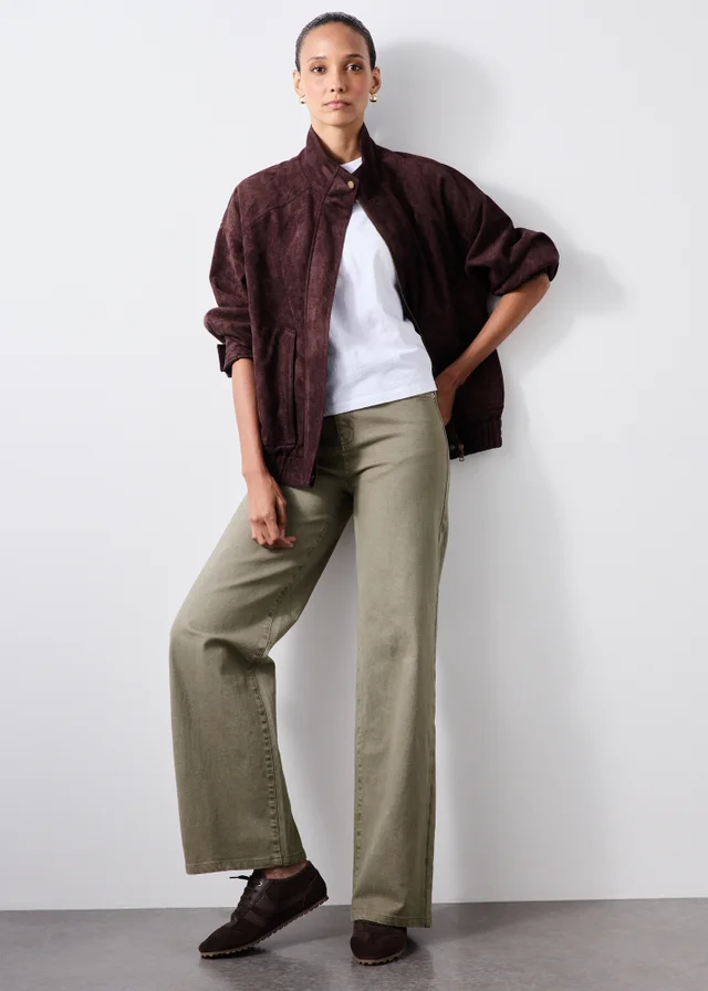 Khaki Stretch Mid Rise Wide Leg Jeans