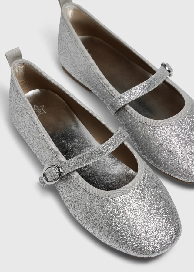 Girls Silver Ballet Flat Shoes (Younger 12-Older 5)