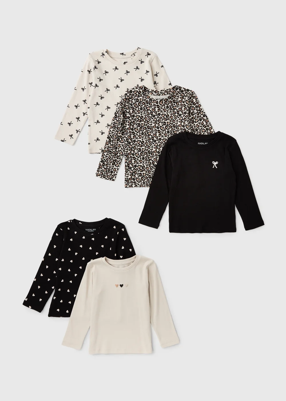 5 Pack Girls Black/Beige Bow Print Tops (1-8yrs) - 1-1.5 Yrs Image 1