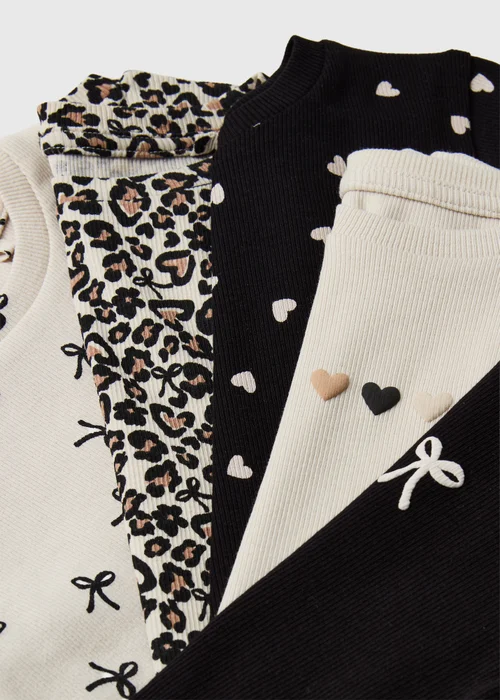 5 Pack Girls Black/Beige Bow Print Tops (1-8yrs) - 1-1.5 Yrs Image 2