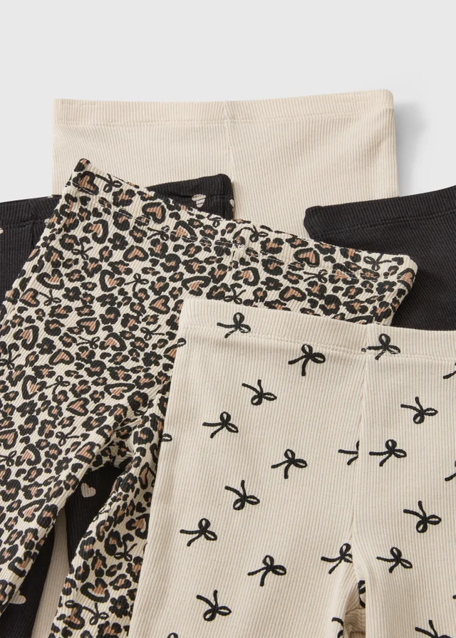 5 Pack Girls Beige/Black Bow Print Flared Leggings (1-8yrs)