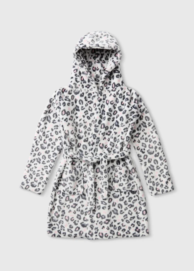 Girls Grey Leopard Print Dressing Gown (1-13yrs)