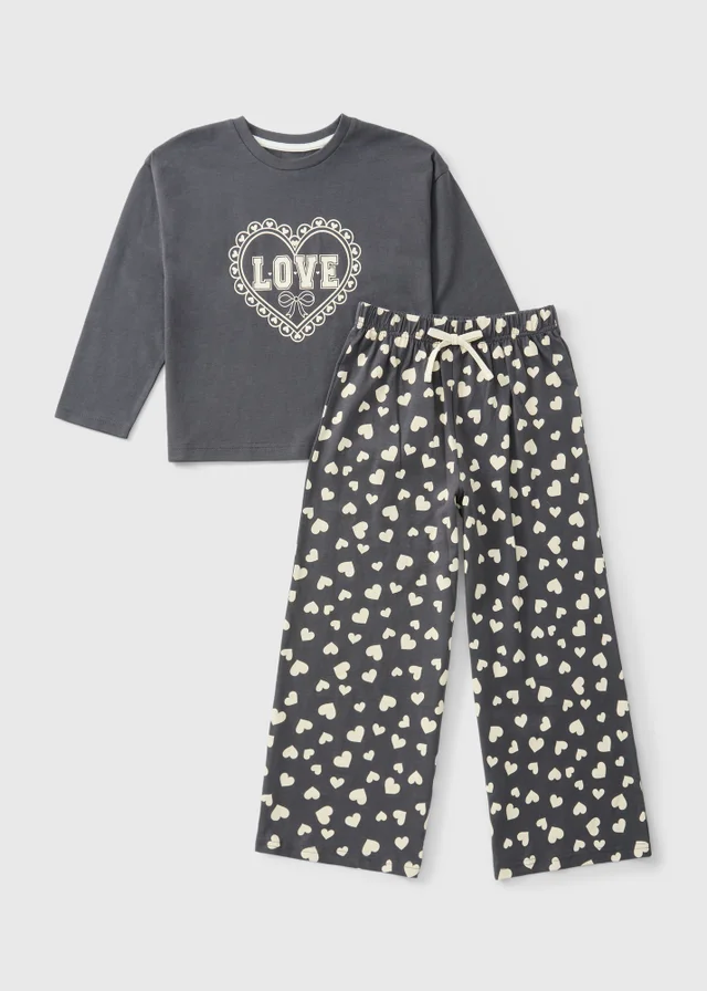 Girls Grey Love Pyjama Set (7-13yrs)