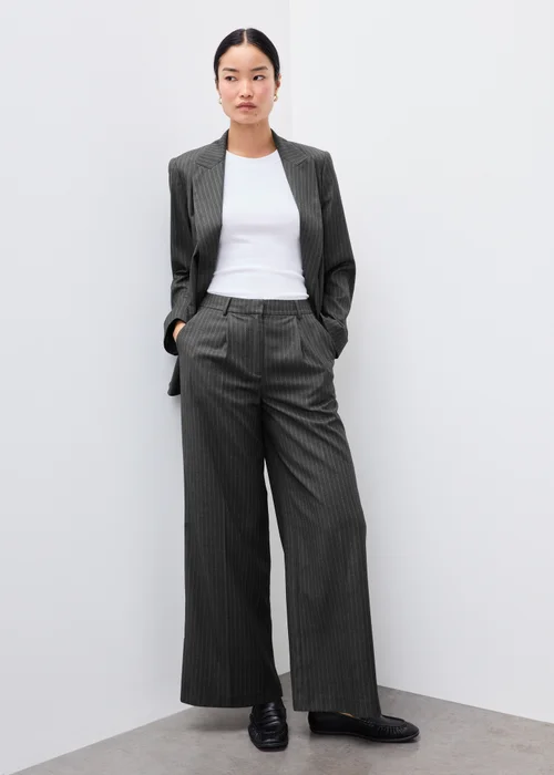 Grey Pinstripe Wide Leg Trousers - 22/L29 Image 1