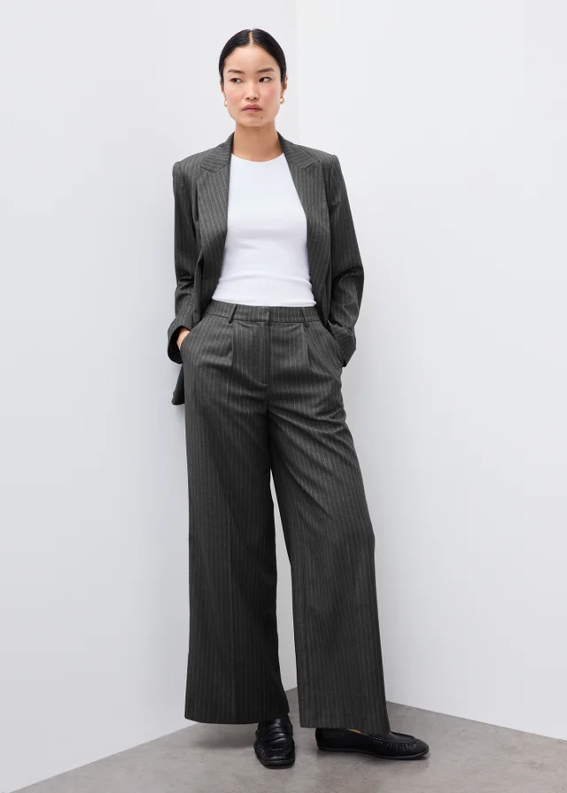 Grey Pinstripe Wide Leg Trousers
