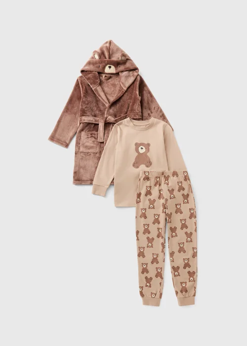 3 Piece Kids Brown Patch Bear Pyjamas & Dressing Gown Set (1-7yrs) - 1-1.5 Yrs Image 1
