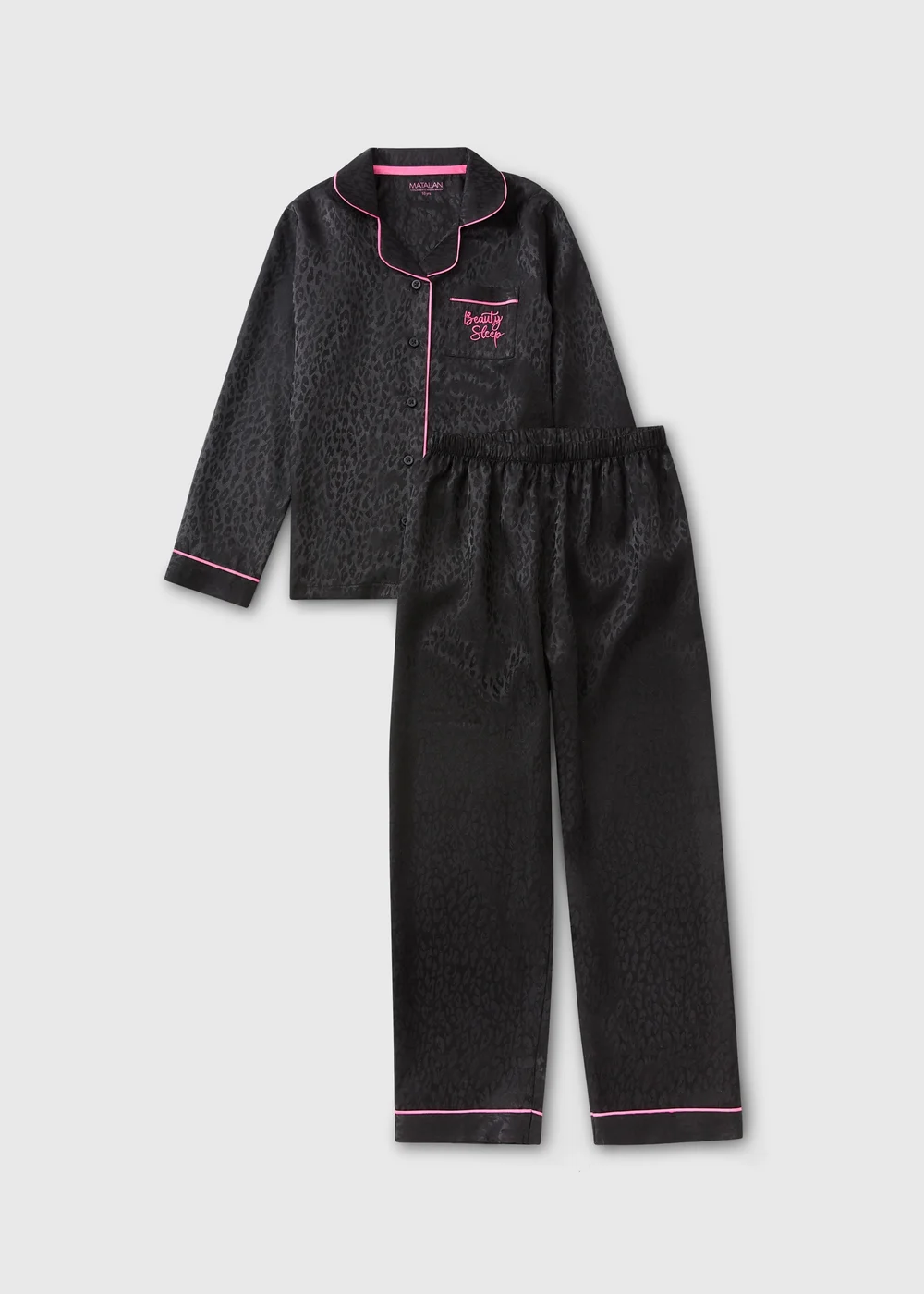 Girls Black Leopard Satin Pyjama Set - 4 Yrs Image 1