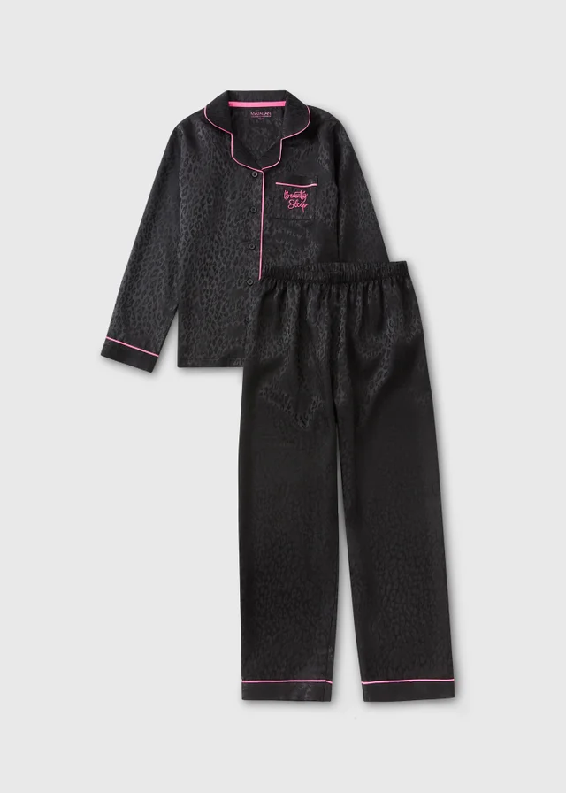 Girls Black Leopard Satin Pyjama Set