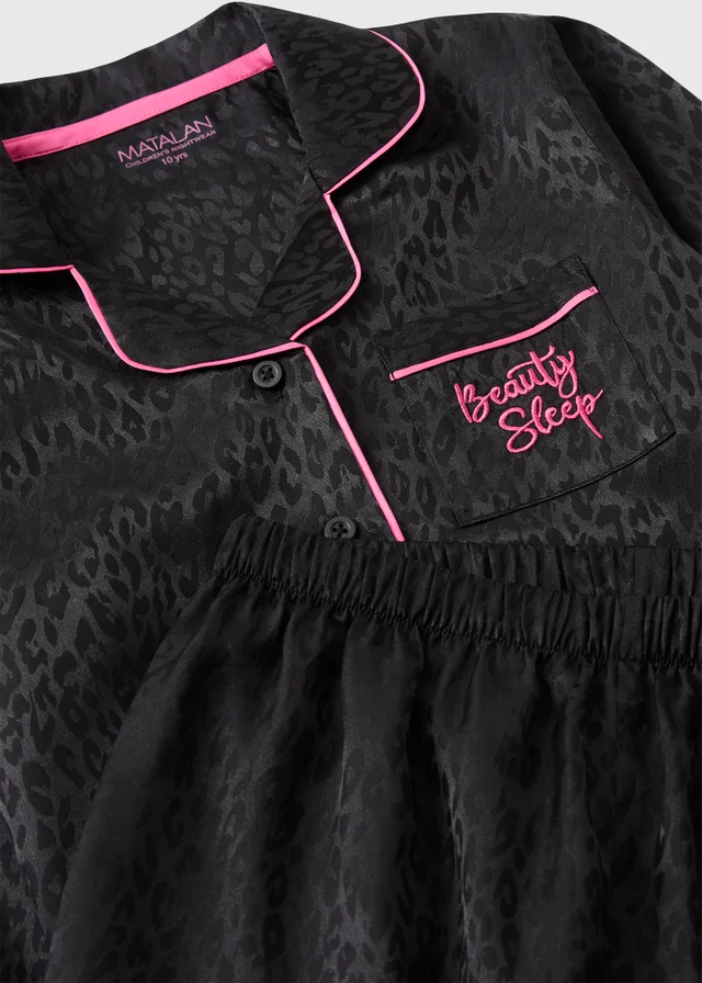 Girls Black Leopard Satin Pyjama Set