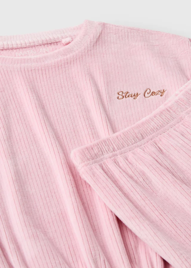 Girls Pink Velour Ribbed Long Pyjama Set (7-13yrs)