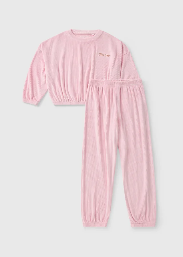 Girls Pink Velour Ribbed Long Pyjama Set (7-13yrs)