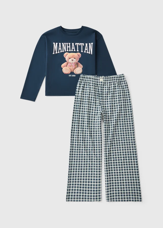 Girls Navy Check Bear Pyjamas (7-13 yrs)