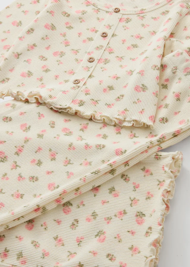 Girls Cream Floral Waffle Pyjama Set (7-13yrs)