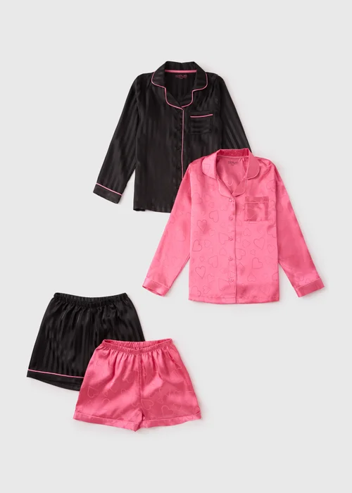 2 Pack Girls Black Satin Short Pyjamas Set (4-13yrs) - 4 Yrs Image 1