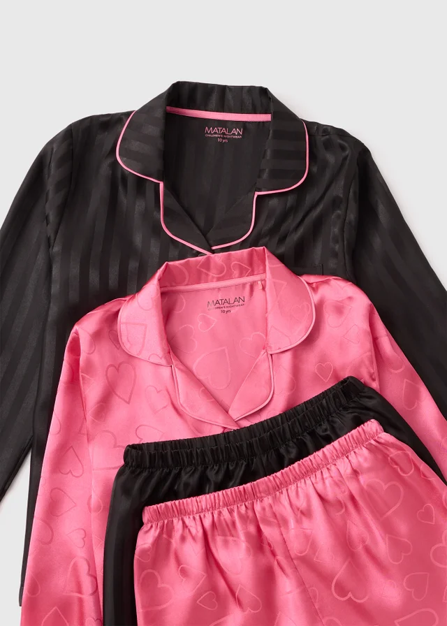 2 Pack Girls Black Satin Short Pyjamas Set (4-13yrs)