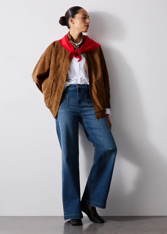 Mid Wash Stretch Pocket Front Mid Rise Wide Leg Jeans