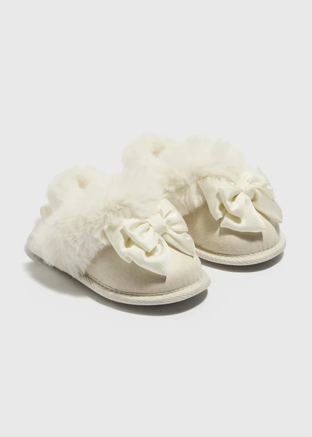 Girls Cream Bow Snug Mule Slippers (Younger 4-12)